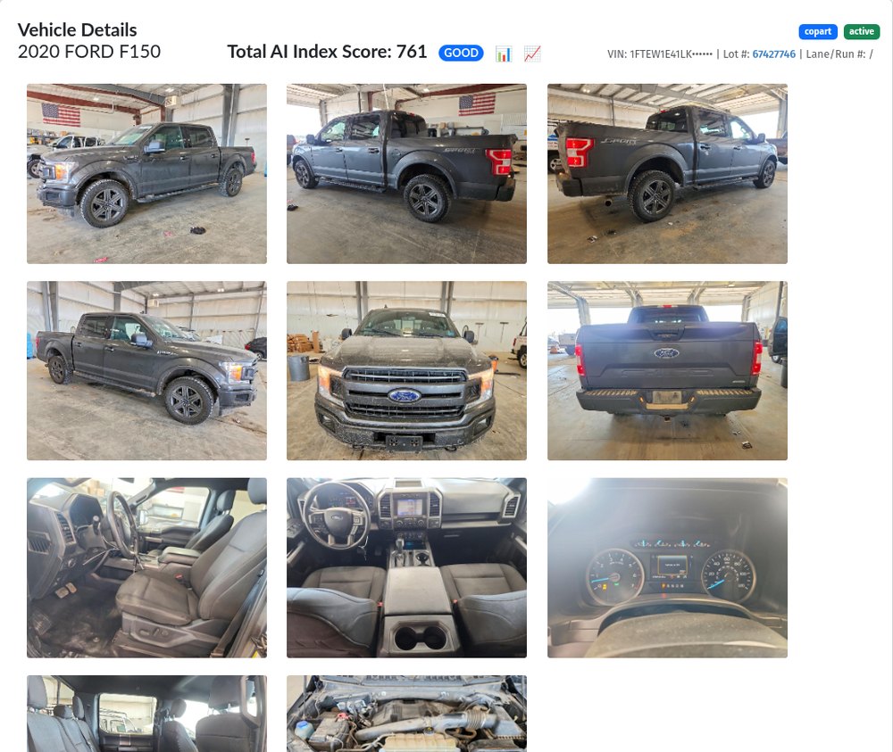 A 2020 Ford F-150's auction photos with its Total AI Index Score of 761, graded Good