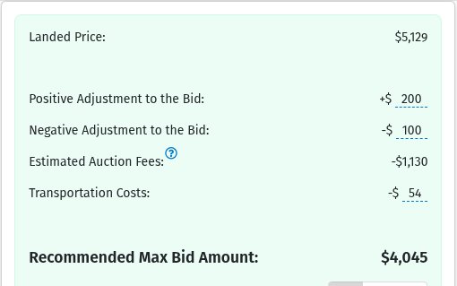 Landed price, bid adjustments, estimated fees, transportation and the recommended max bid