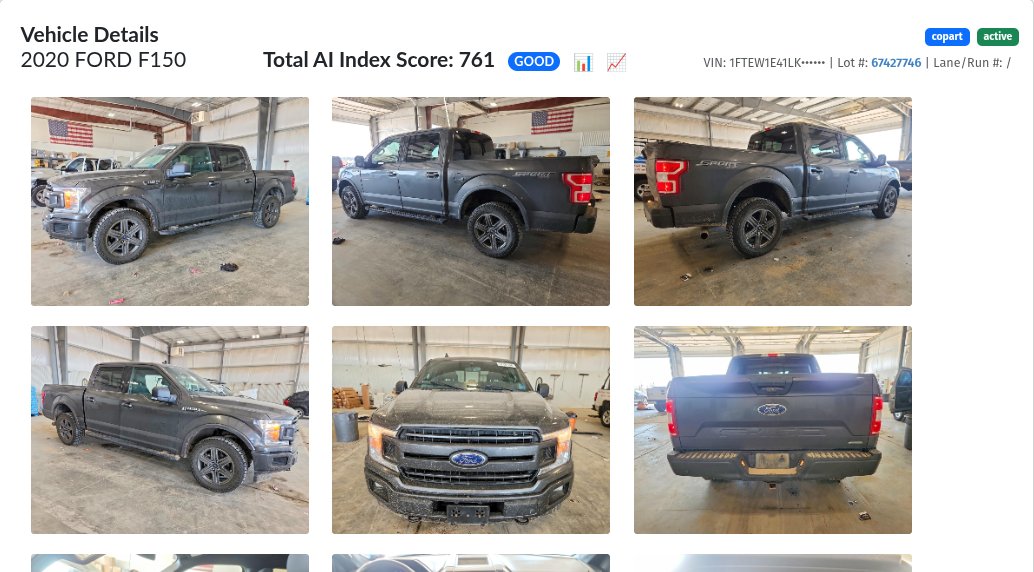 A 2020 Ford F-150 with its AI index score and auction photos