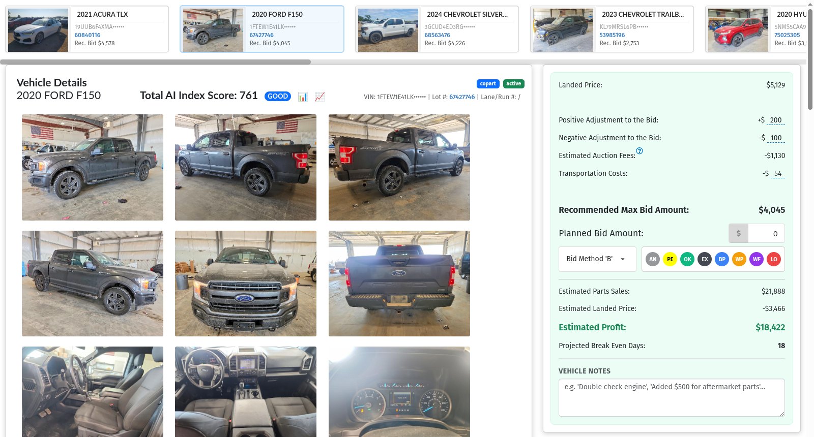 Vehicle details for a 2020 Ford F-150: photos, AI index score and the landed cost panel